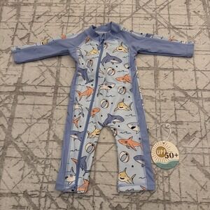 Caden Lane Kids Swim Rashguard Blue and Orange Shark Bait Print NWT 0-3 Months